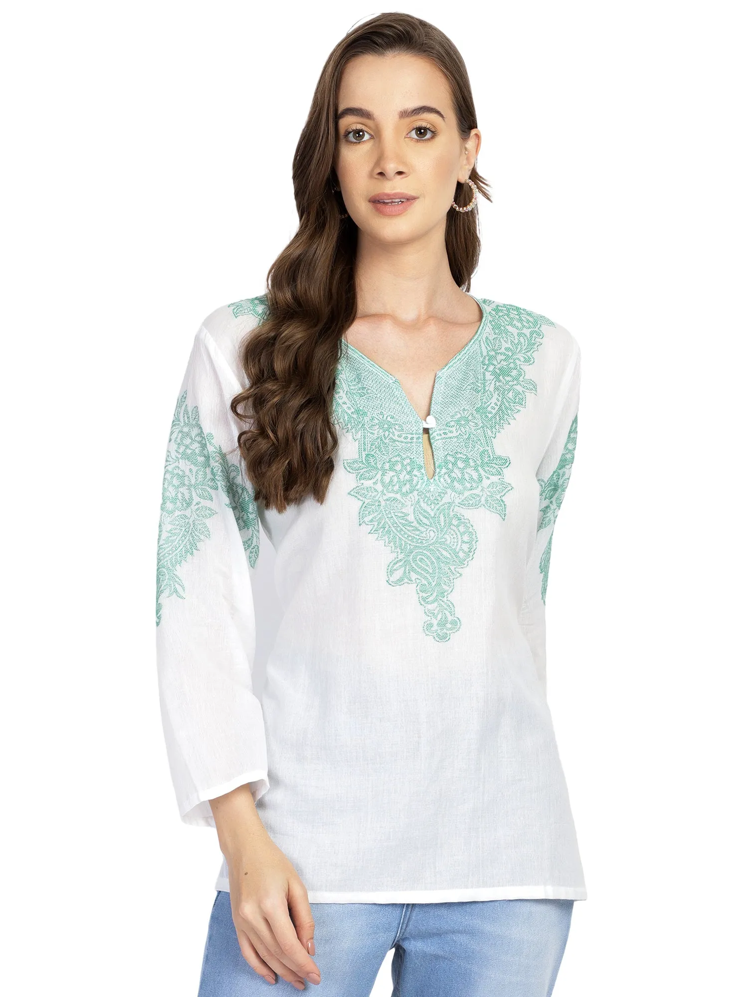 Embroidered white semi-sheer cotton tunic