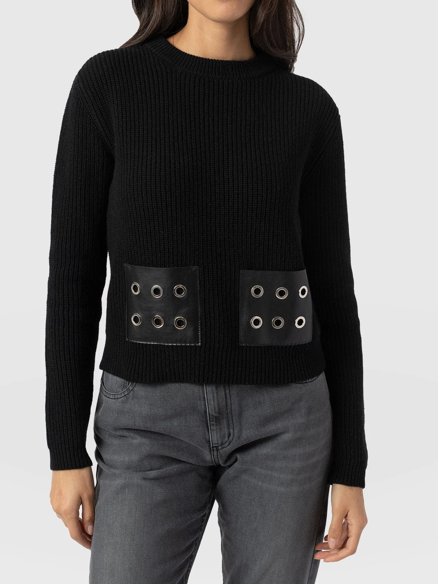 Eyelet Rib Knit Sweater - Black