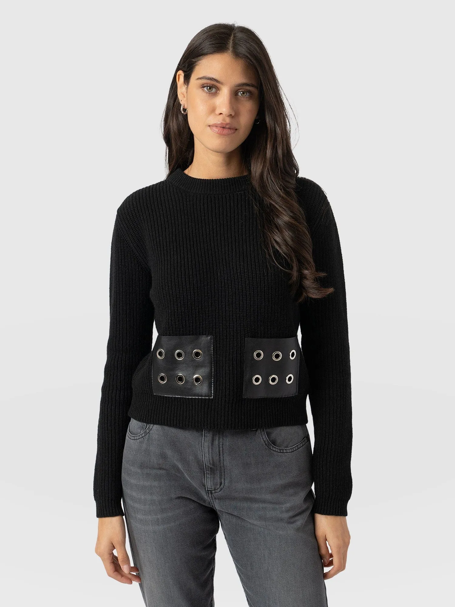 Eyelet Rib Knit Sweater - Black