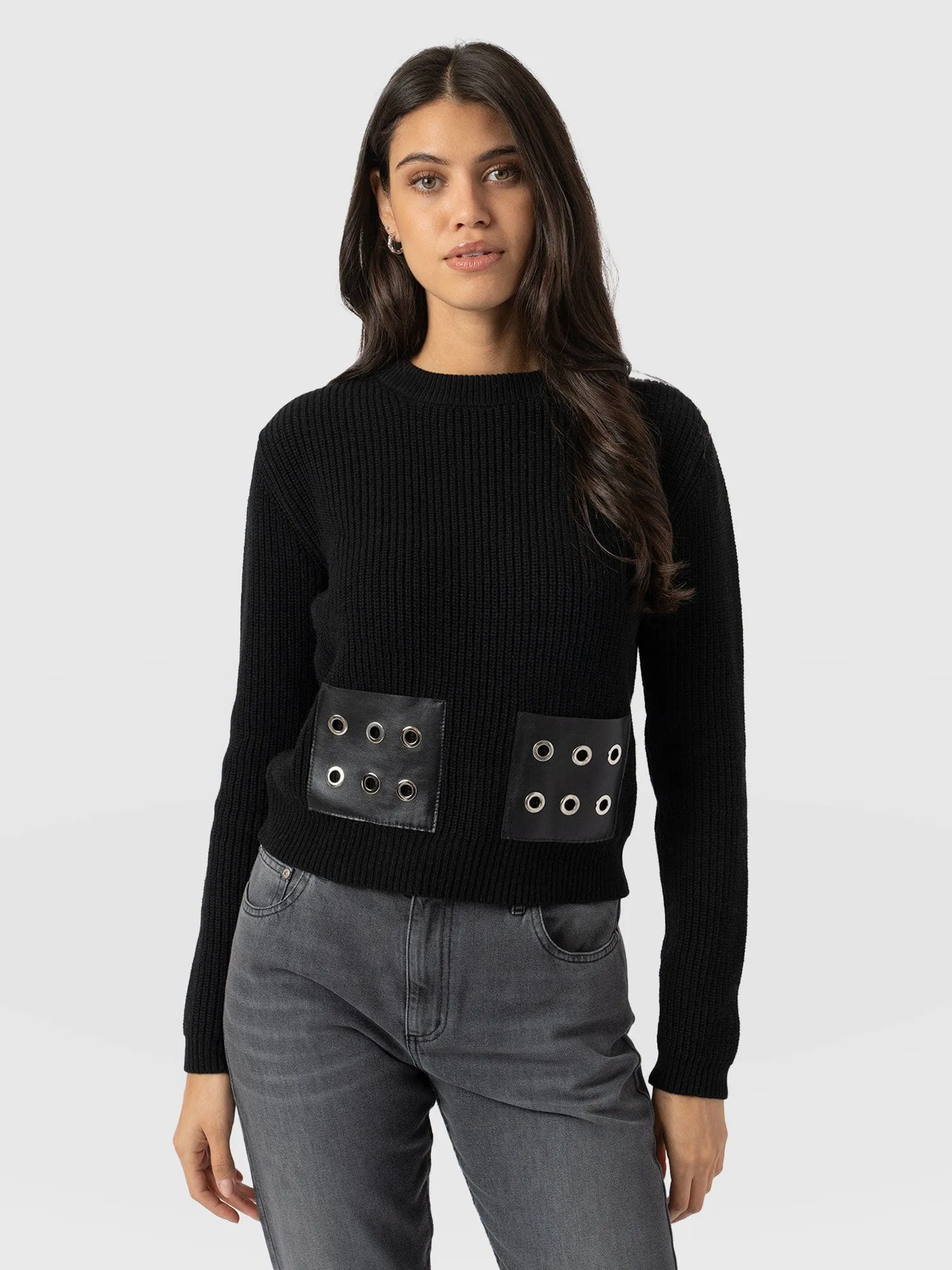 Eyelet Rib Knit Sweater - Black