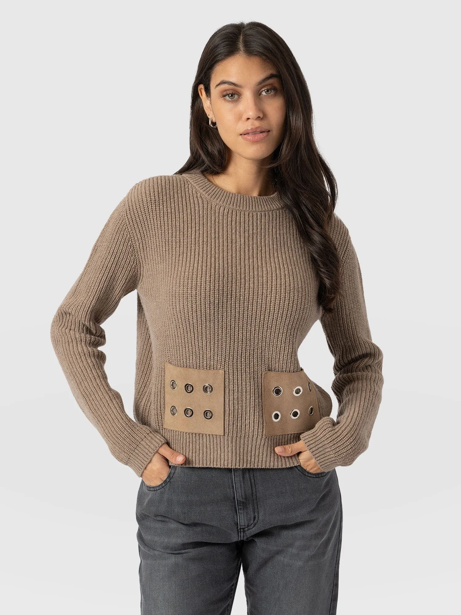 Eyelet Rib Knit Sweater - Mocha