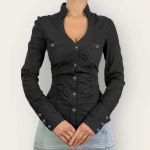 Fashion Chic Fold Black Autumn Blouse Women Top Buttons Up Solid Basic Streetwear Shirt Cardigan Clothing Long Sleeve