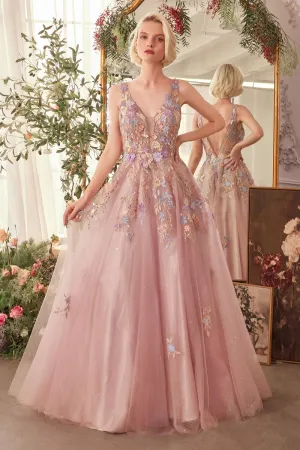 Floral Applique A-Line Layered Tulle Gown