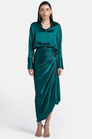 Forest Green Silk Satin Draped Skirt