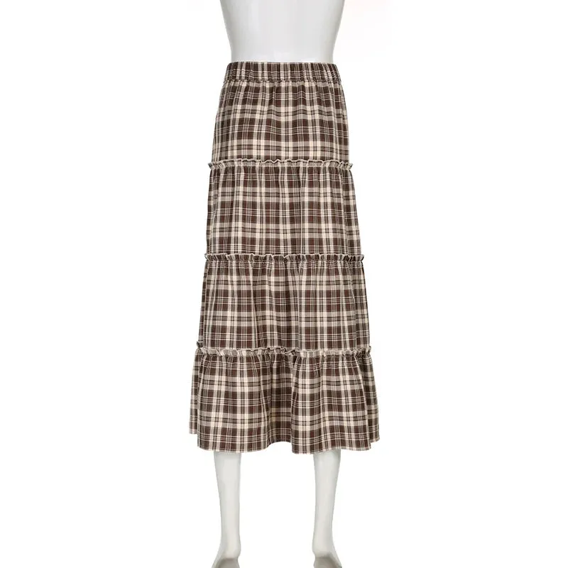 French Vintage Low Rise Y2K Long Skirt Autumn Frill Side Slit Fashion Chic Ruched Plaid Skirt Women Party Grunge