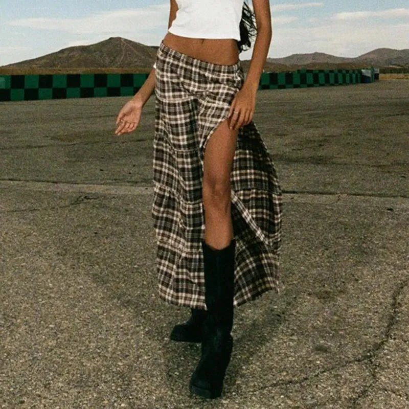 French Vintage Low Rise Y2K Long Skirt Autumn Frill Side Slit Fashion Chic Ruched Plaid Skirt Women Party Grunge