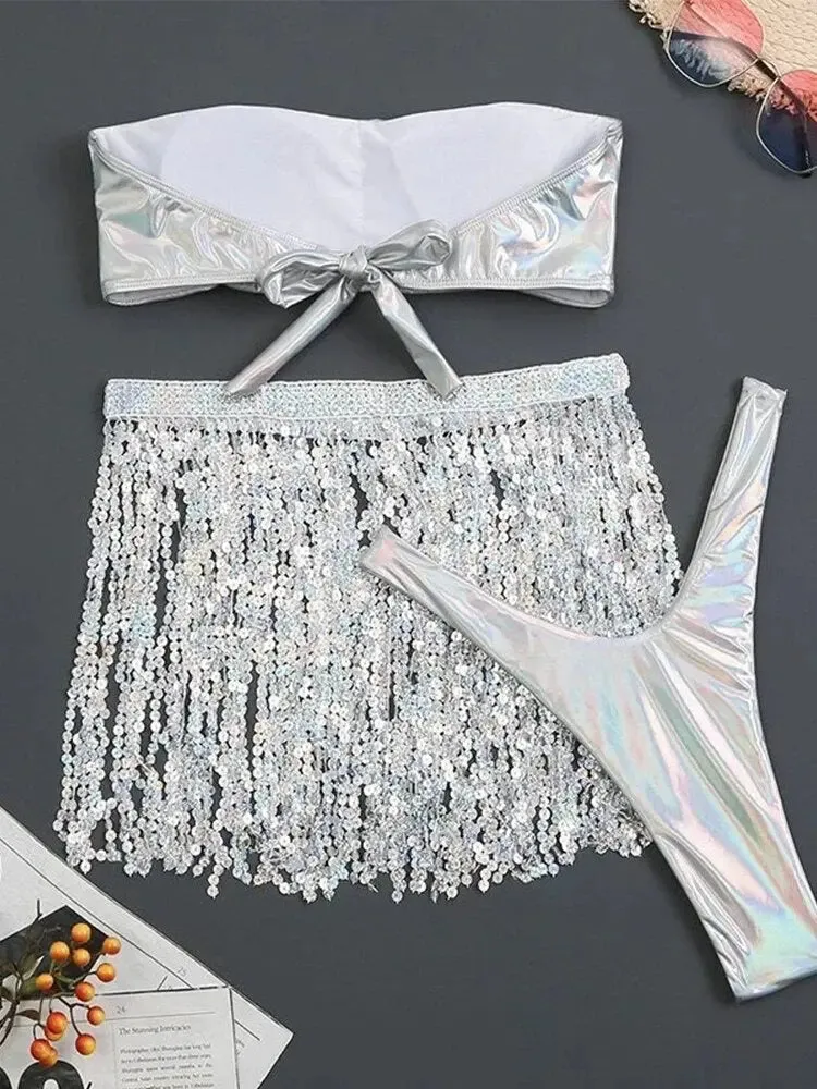 Fringe 3pcs Set Shiny Tube Top Sequin Skirt & Thong