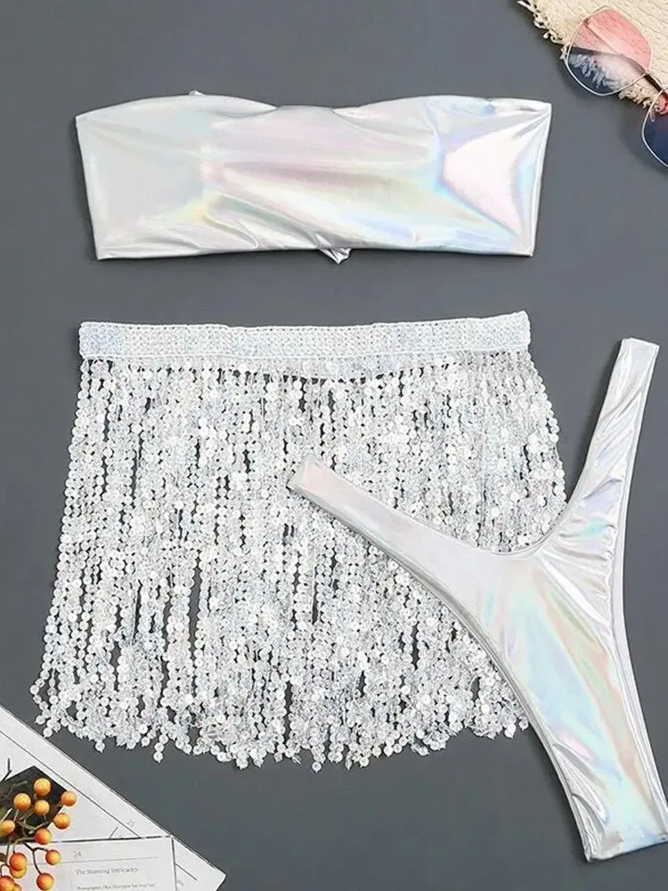 Fringe 3pcs Set Shiny Tube Top Sequin Skirt & Thong