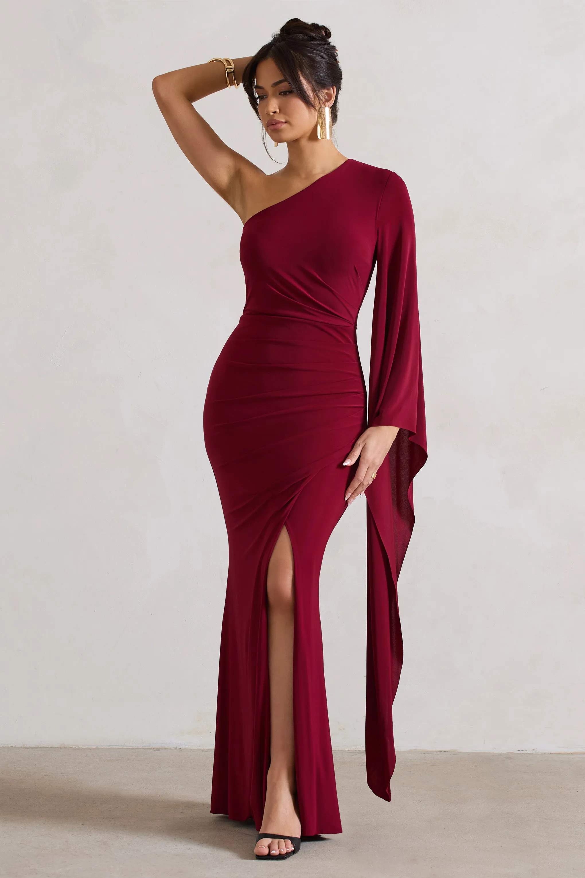 Giada | Berry Ruched One Shoulder Cape Sleeve Maxi Dress