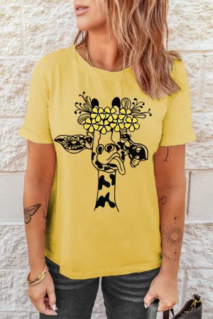 Giraffe Floral Pattern Short Sleeve Yellow Tee