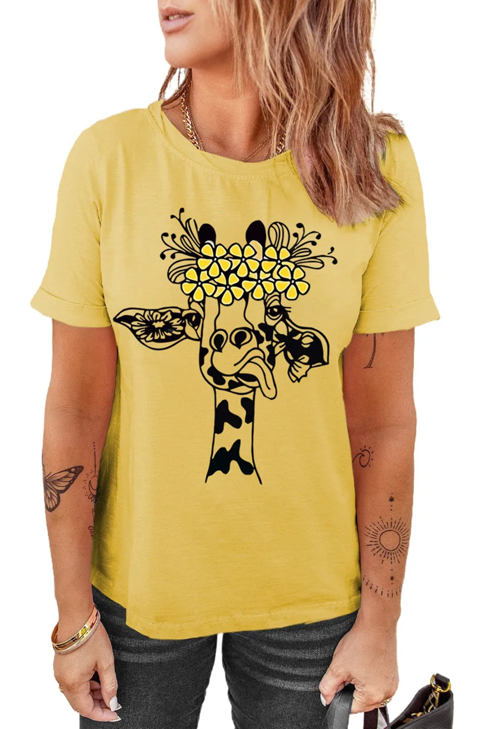 Giraffe Floral Pattern Short Sleeve Yellow Tee