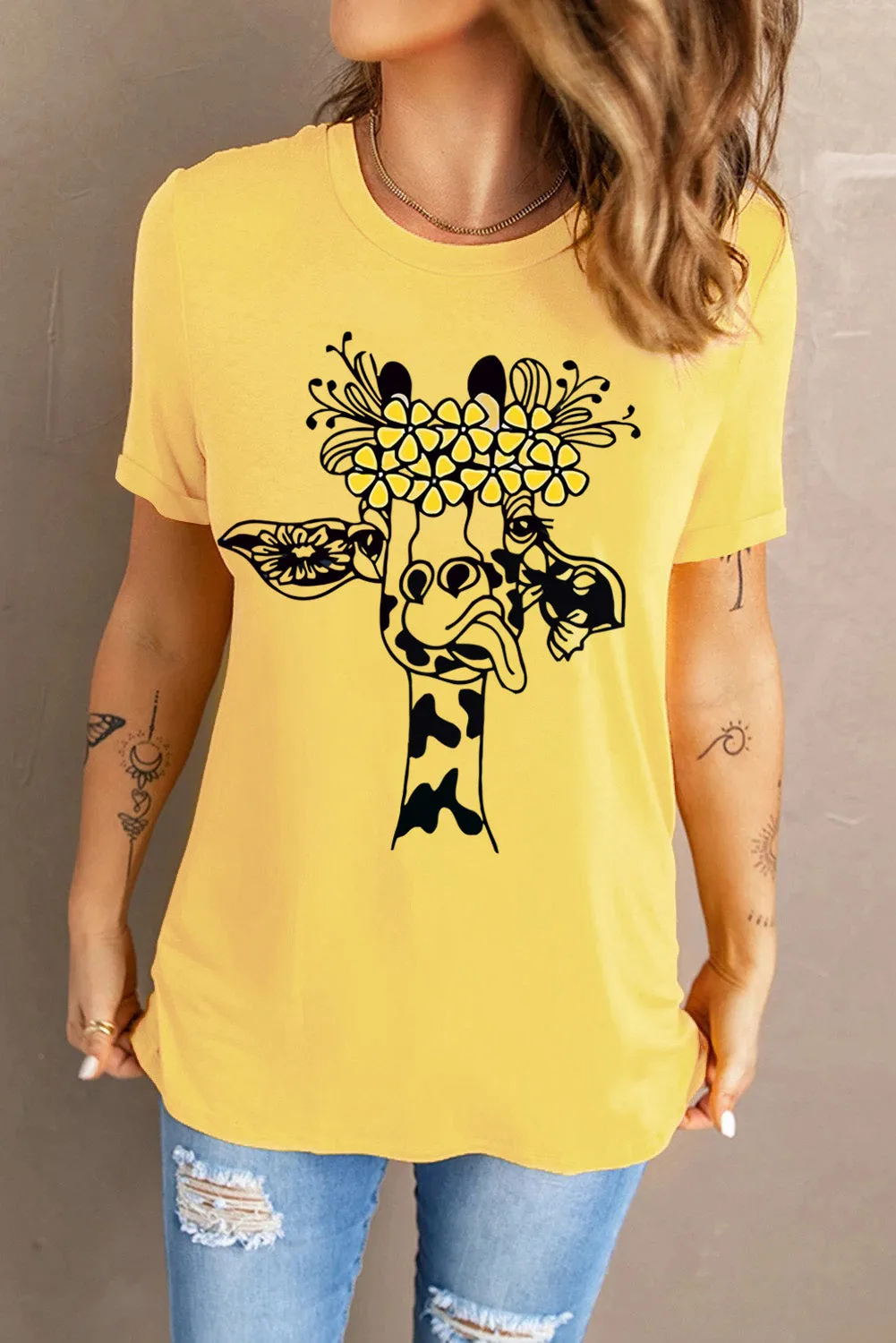 Giraffe Floral Pattern Short Sleeve Yellow Tee