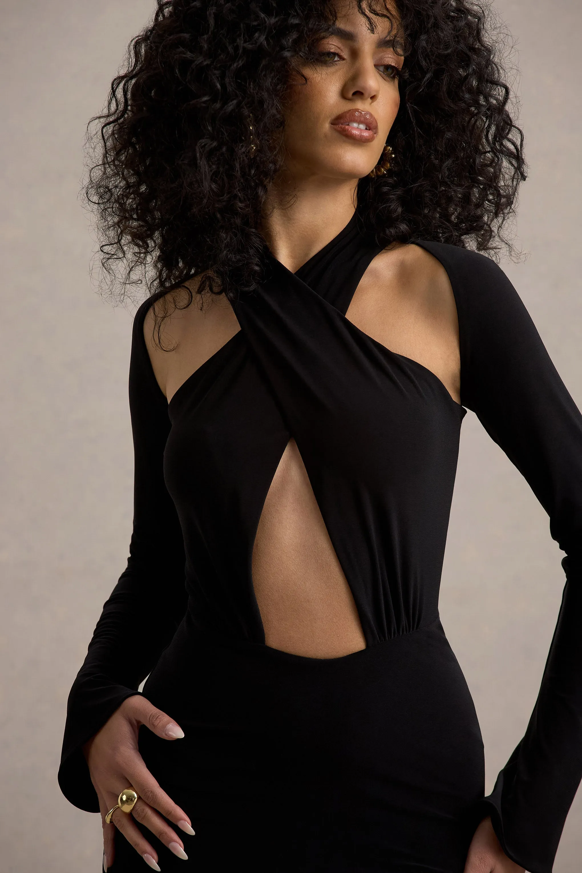 Gita | Black Halter-Neck Long-Sleeve Maxi Dress