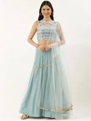 Grey & Green Embroidered Layered Lehenga Set