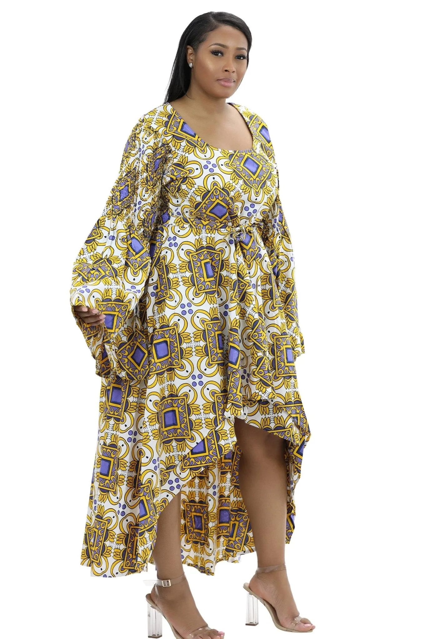 Hi-Lo Bell Sleeves African Print Dress 2215