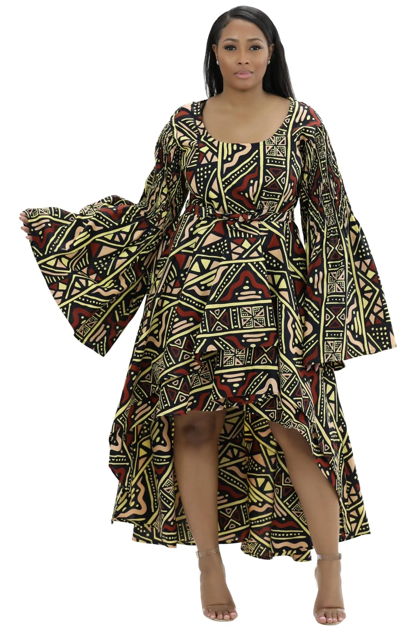 Hi-Lo Bell Sleeves African Print Dress 2215