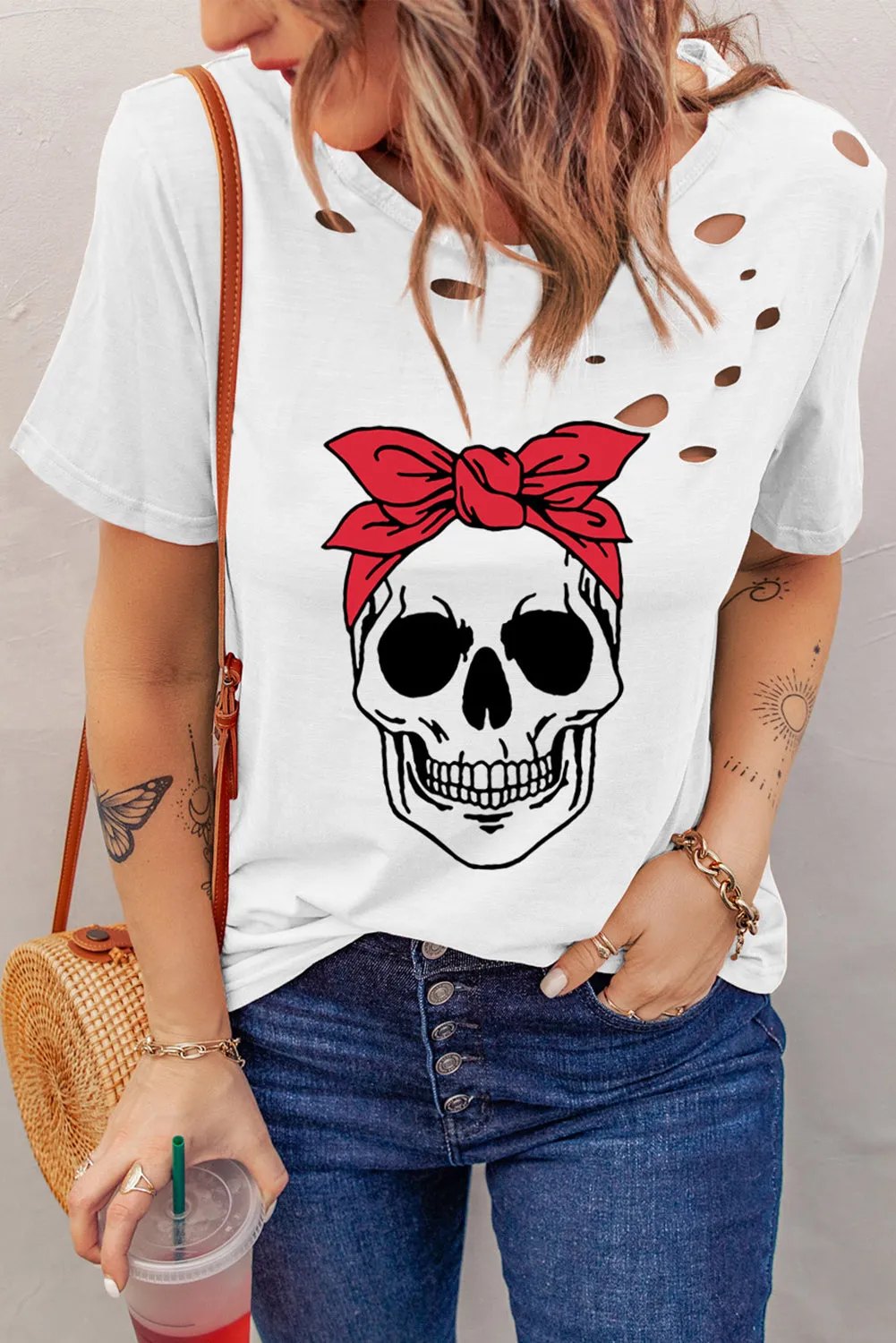 Hollow out Distressed Scarf Skull Graphic Tee