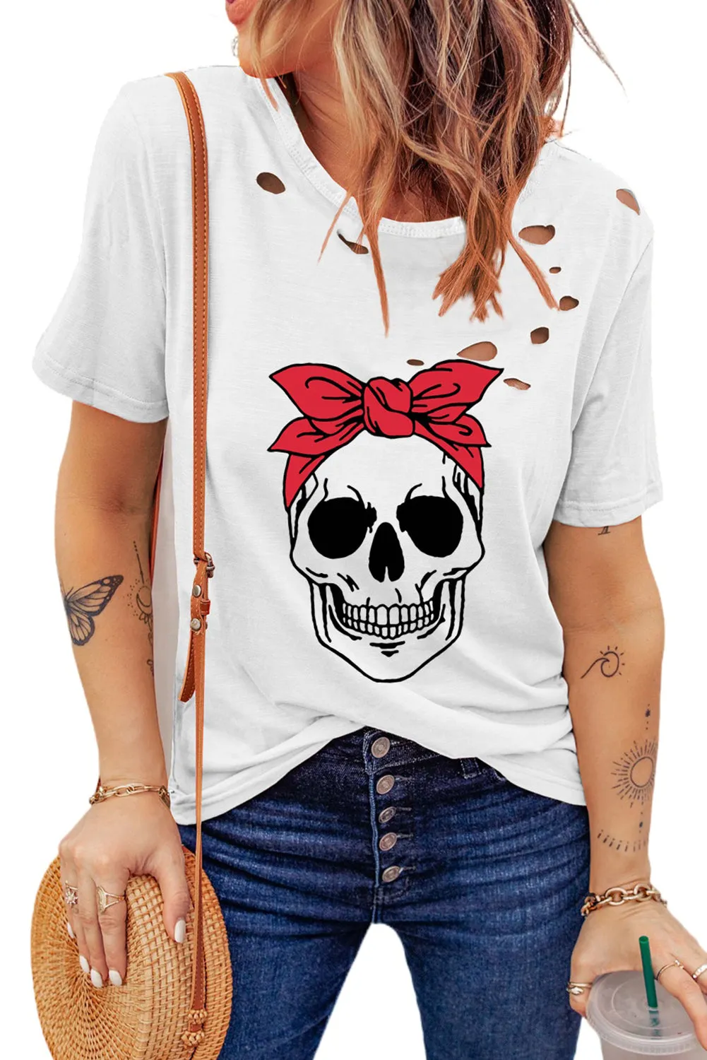 Hollow out Distressed Scarf Skull Graphic Tee