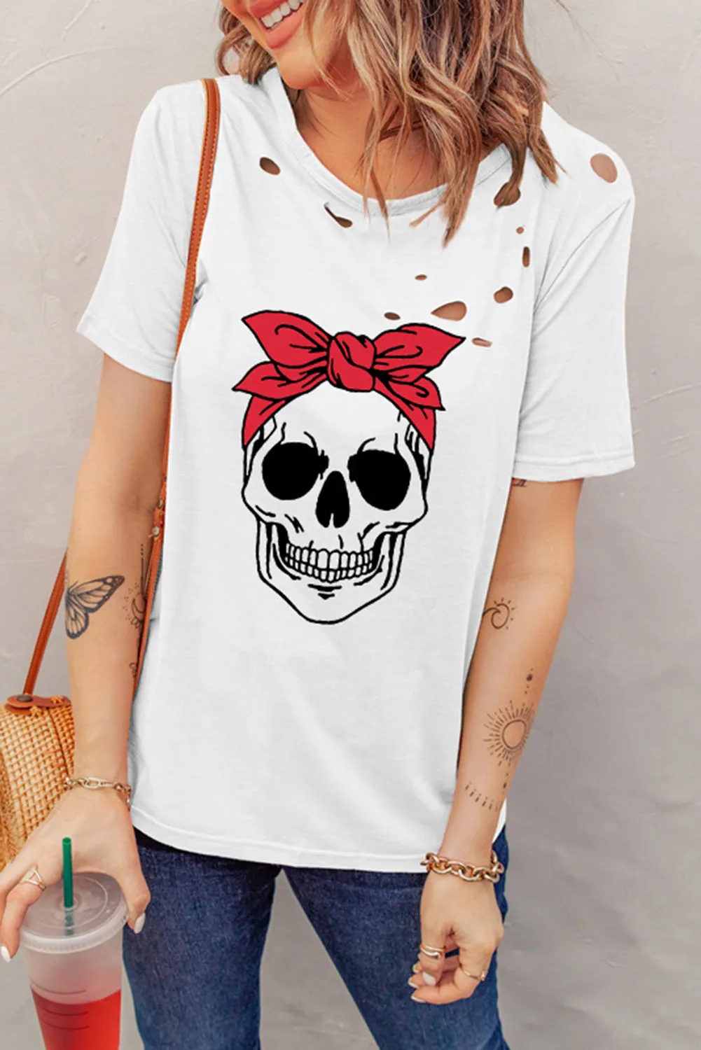 Hollow out Distressed Scarf Skull Graphic Tee