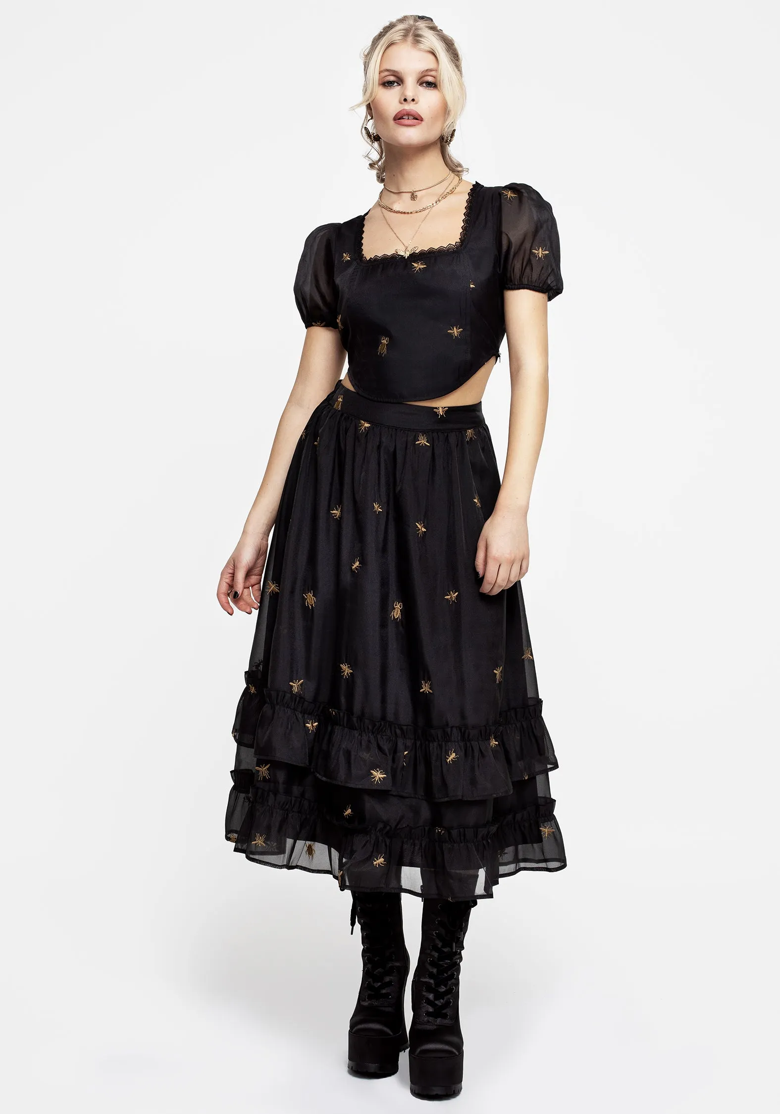 Insectarium Embroidered Organza Tiered Midi Skirt