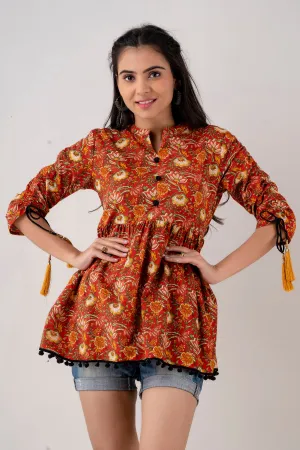 Jaipurite Red Floral Printed Tunic in Cotton