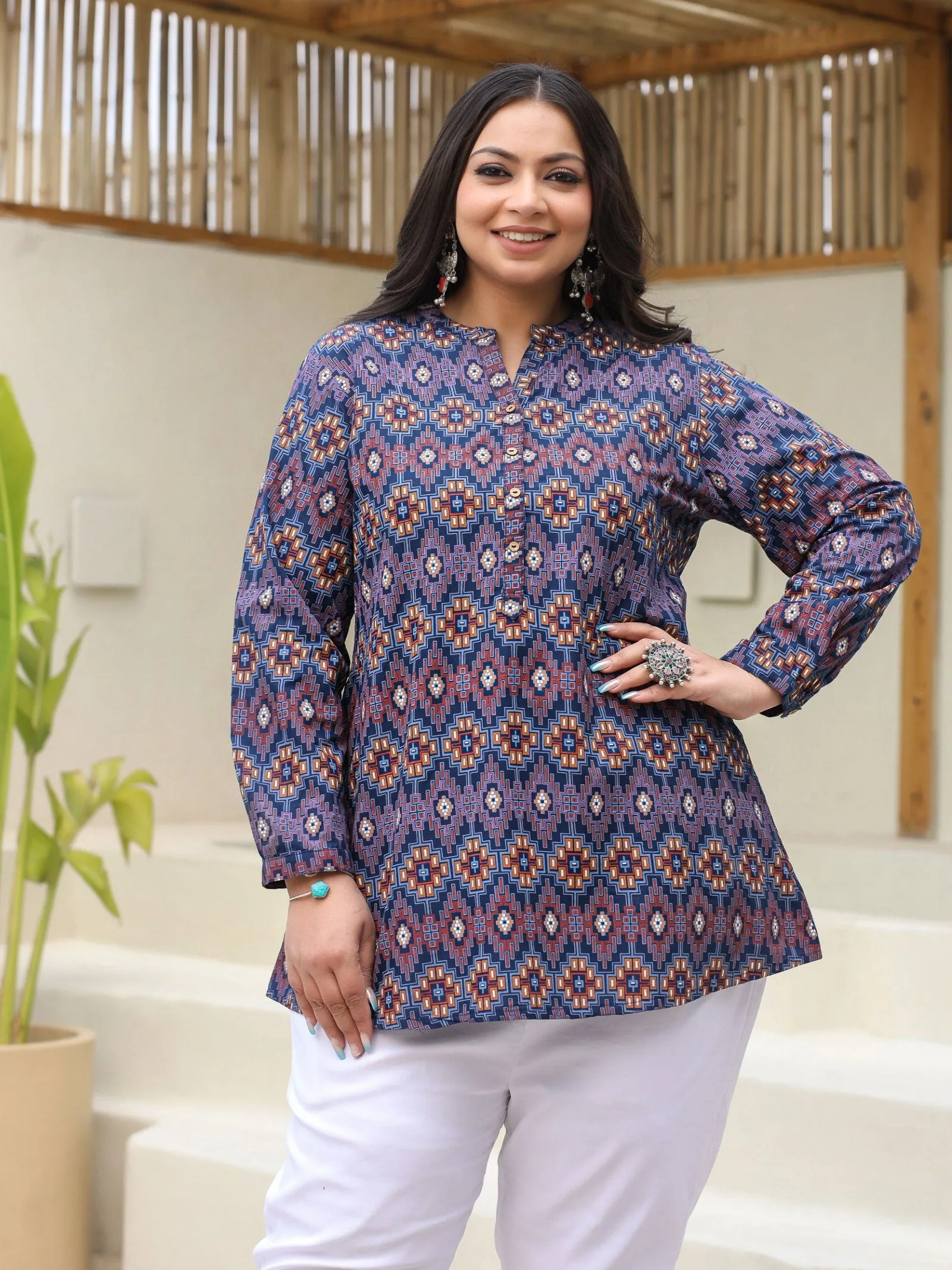 Juniper Blue Geometric Printed A-Line Rayon Plus Size Tunic