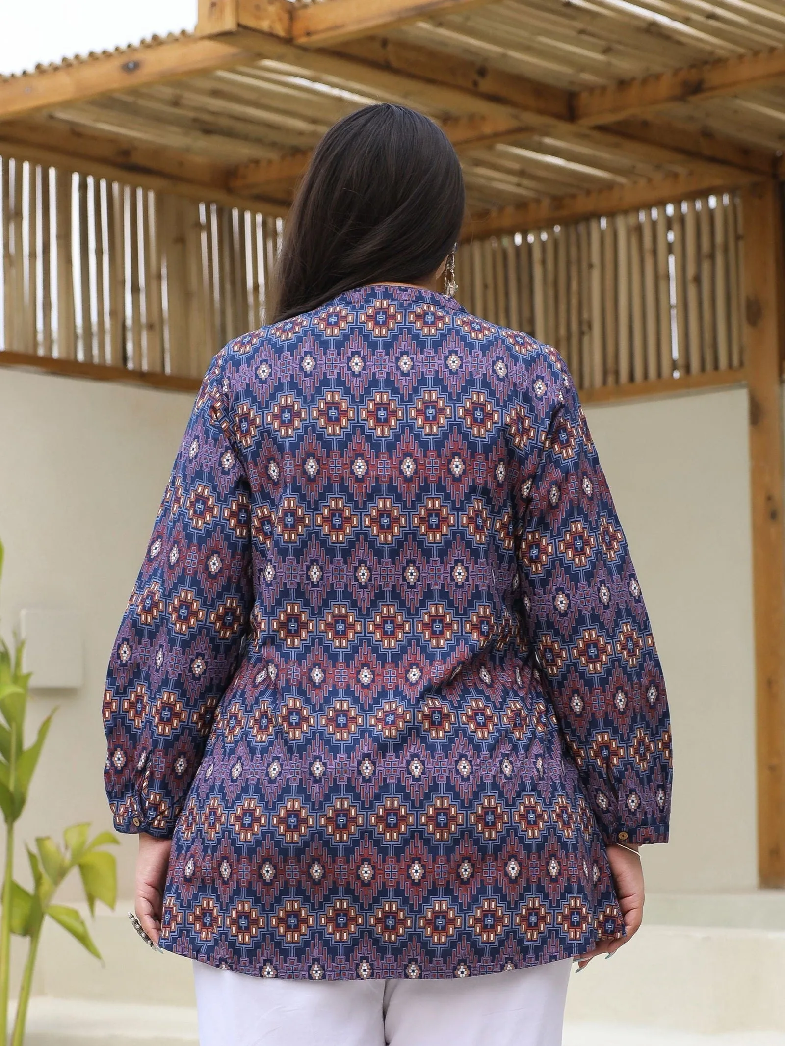 Juniper Blue Geometric Printed A-Line Rayon Plus Size Tunic