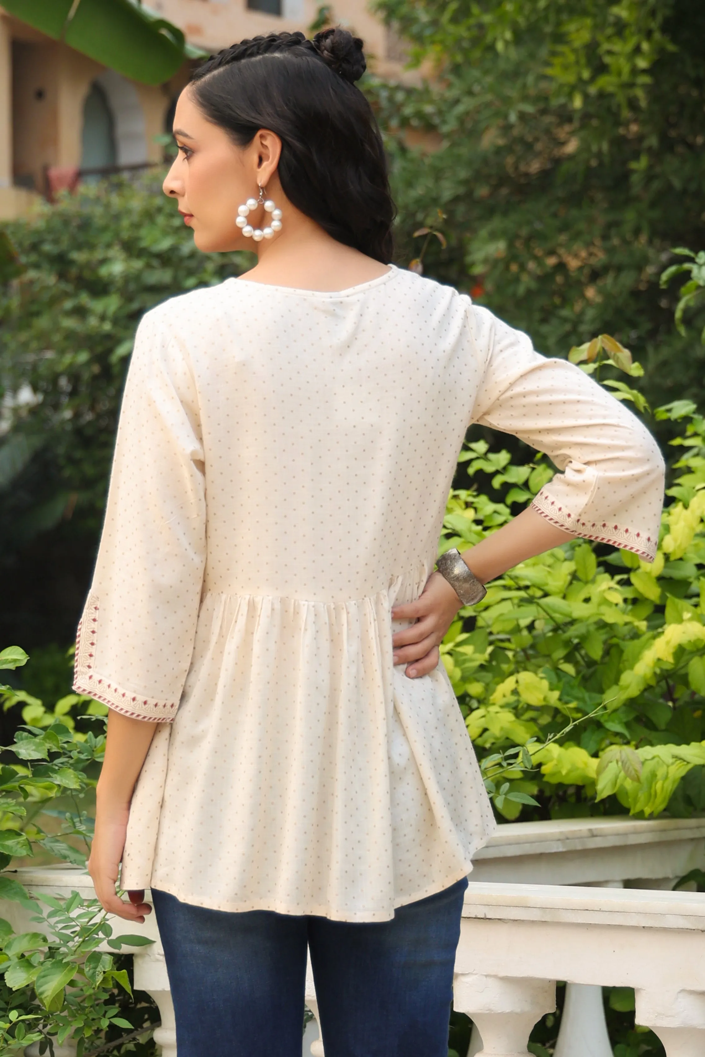 Juniper Ivory Polka Printed Peplum Rayon Slub Tunic.