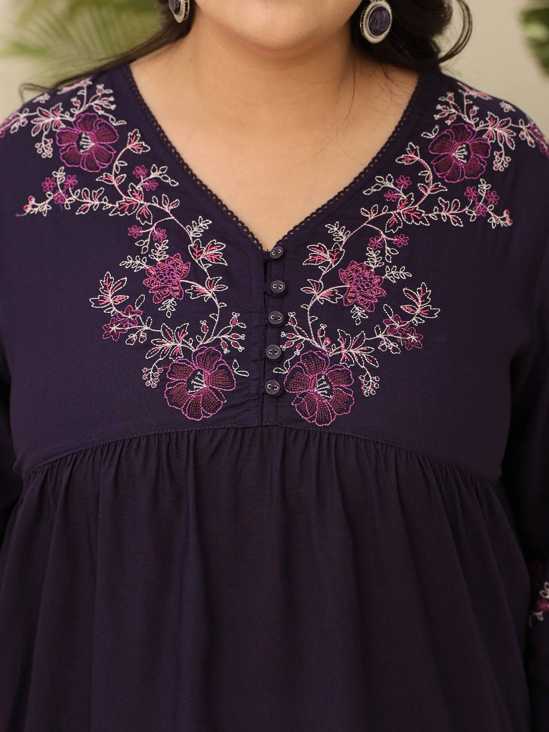 Juniper Purple Modal Rayon Floral Embroidered Alia Cut Plus Size Tunic