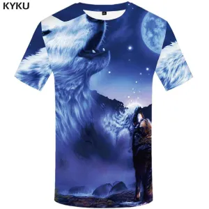 KYKU Wolf T shirt Men Moon T-shirt 3d Animal Tshirts Print Mountain T shirts Funny Harajuku Tshirt Anime Mens Clothing