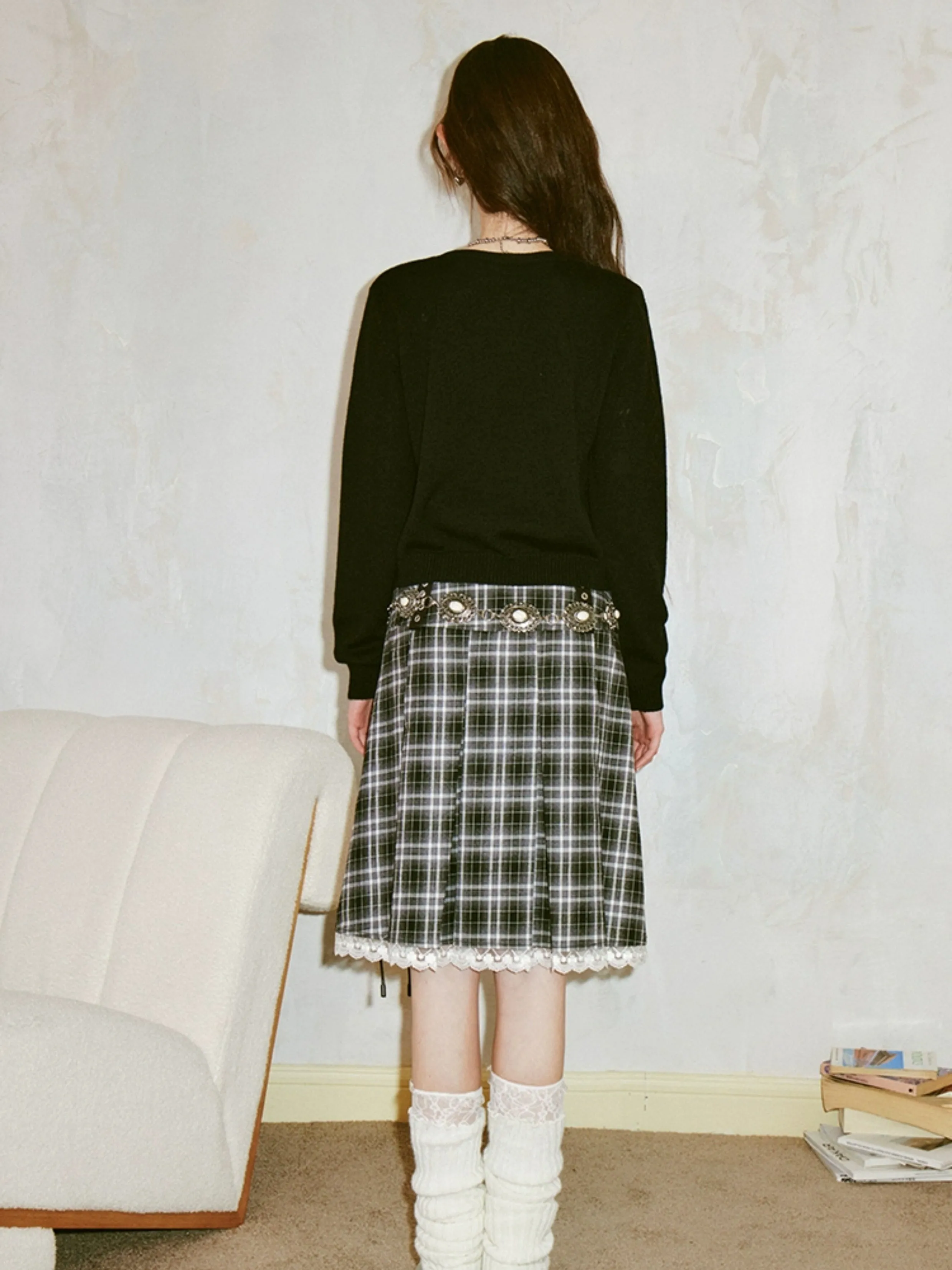 Lace Spliced Plaid A-Line Pleated Skirt