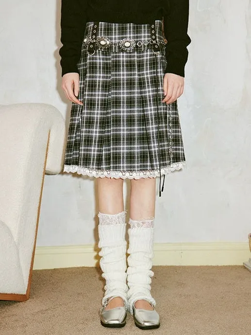 Lace Spliced Plaid A-Line Pleated Skirt