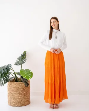 LAYERED CHIFFON PLISSE SKIRT-ORANGE