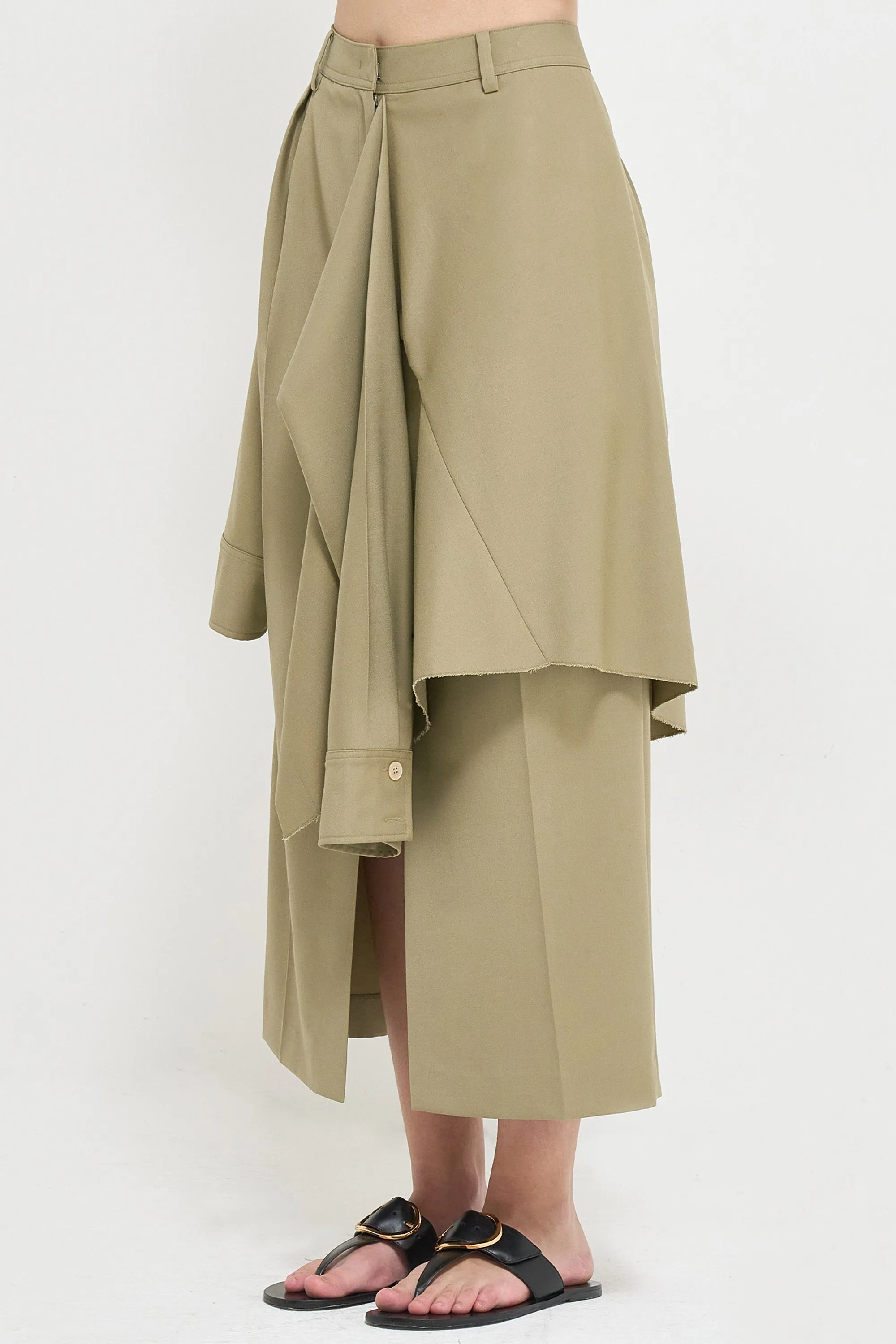 Layered shirt raw-edge cut midi skirt