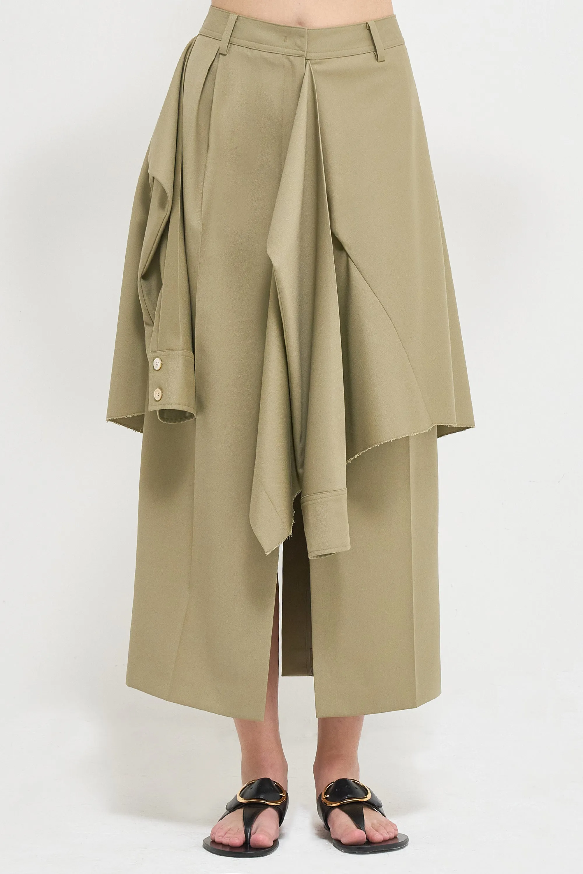 Layered shirt raw-edge cut midi skirt