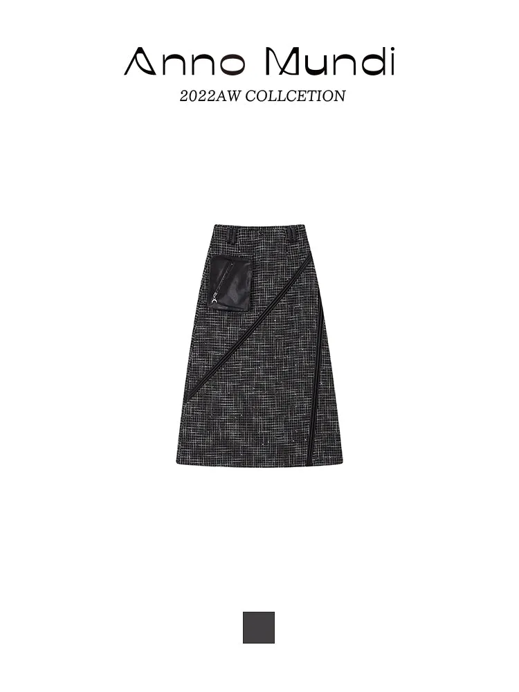 Leather-pocket Long Nichi Contrast Skirt