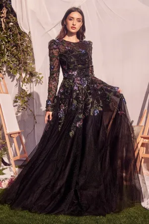 Long Sleeve Black Embellished Ball Gown