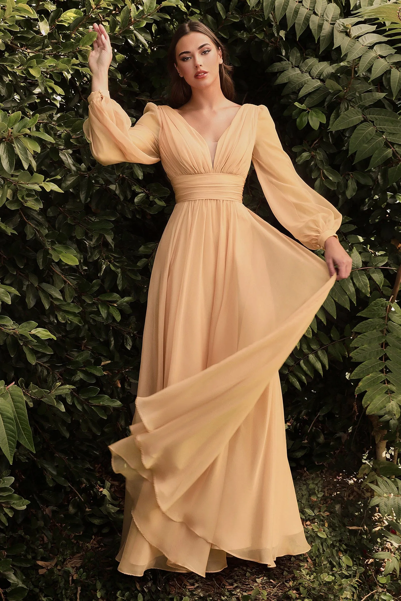 Long Sleeve Chiffon Gown by Cinderella Divine CD0192