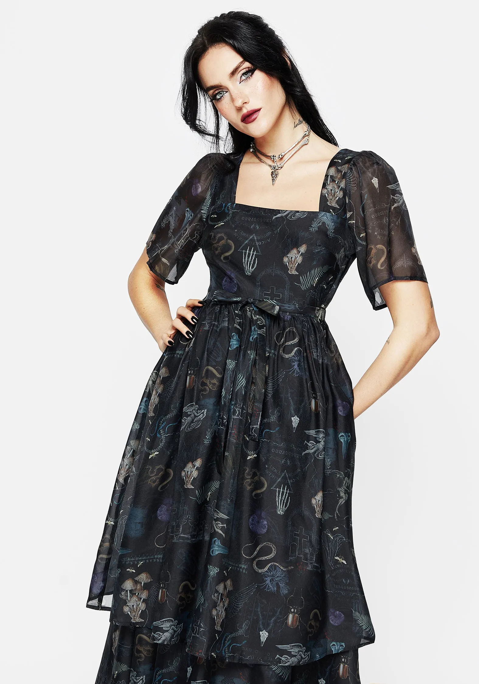 Maudeline Victoriana Print Layered Organza Midaxi Dress