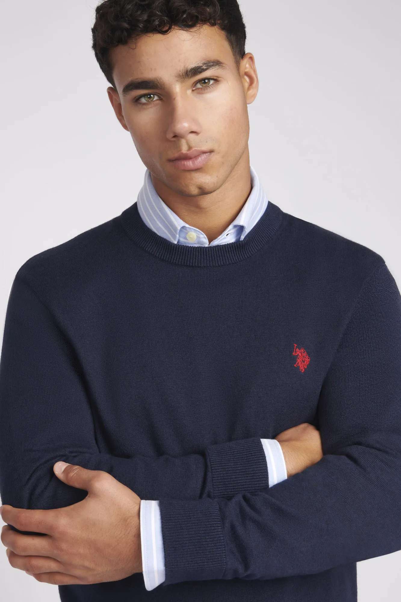 Mens Cotton Crewneck in Dark Sapphire Navy / Haute Red DHM