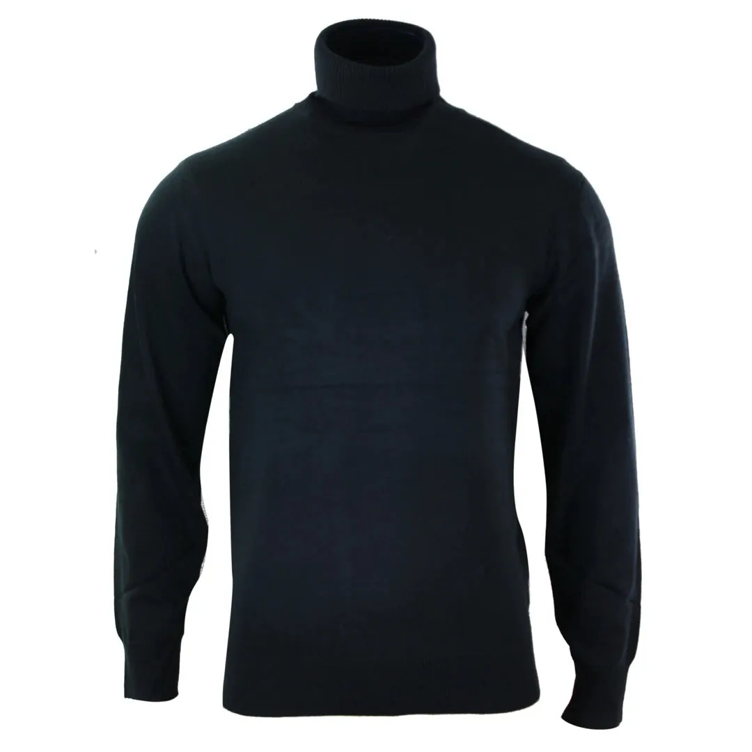 Men's Polar Roll Neck Jumper Light Weight Fitted Cashmere Wool Blend Grey Black Navy