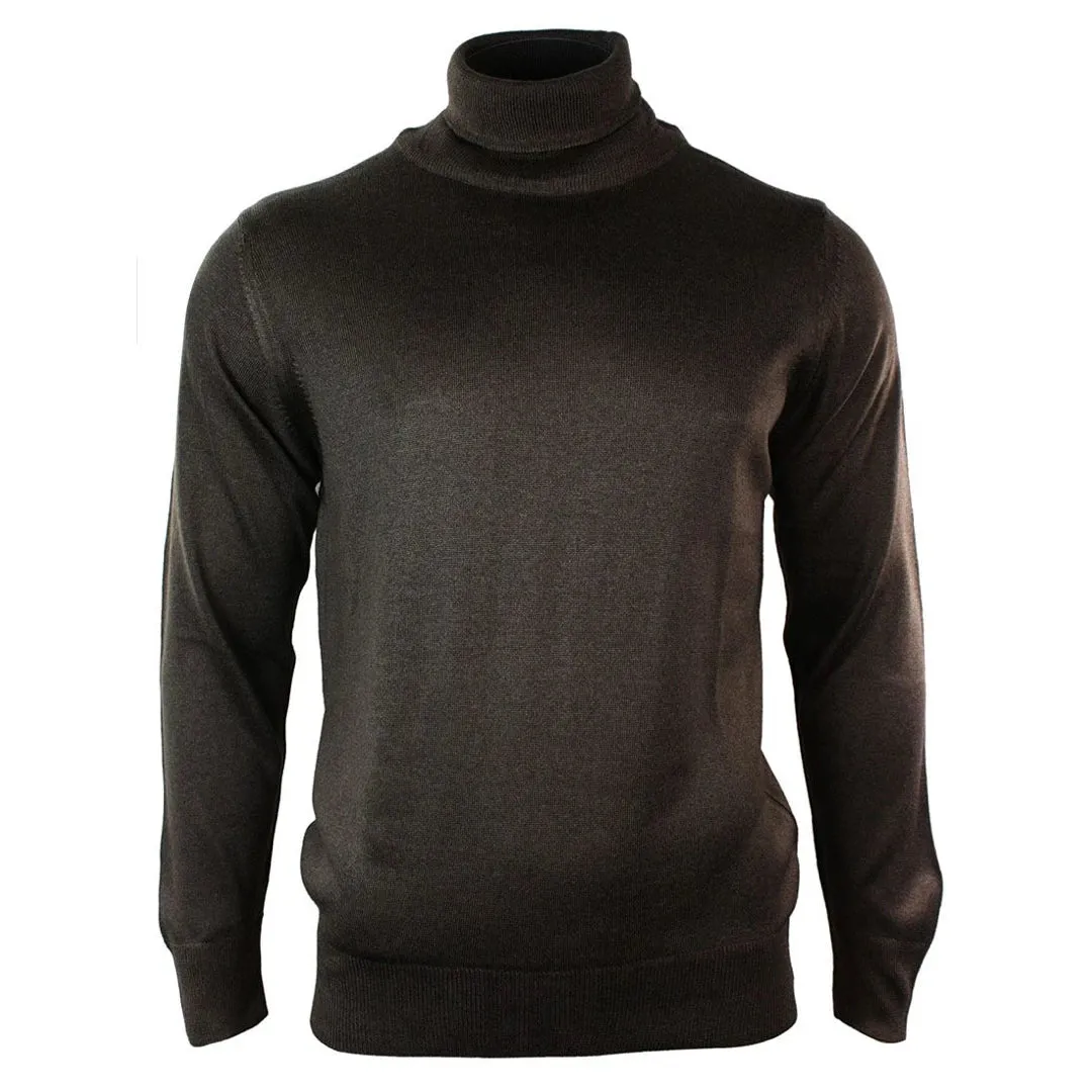 Men's Polar Roll Neck Jumper Light Weight Fitted Cashmere Wool Blend Grey Black Navy