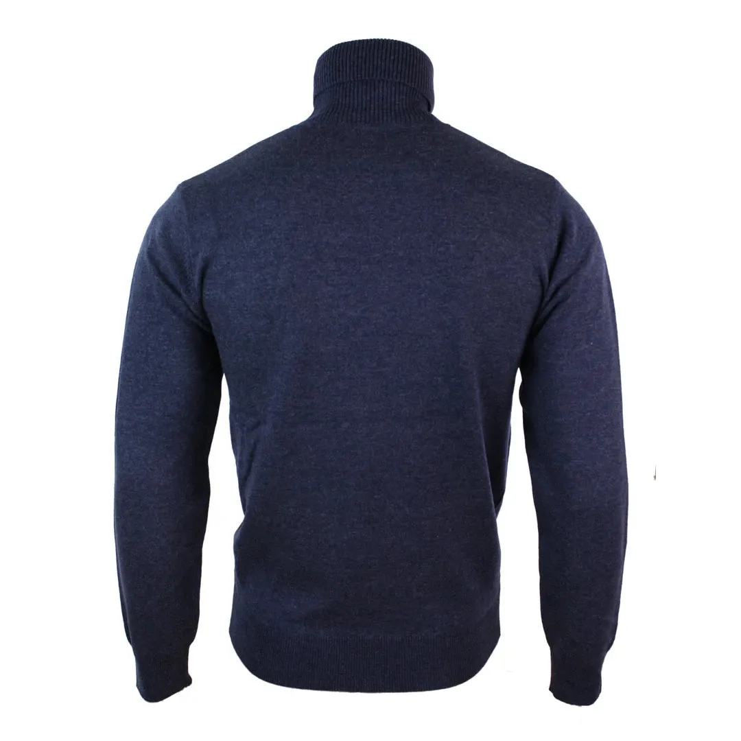 Men's Polar Roll Neck Jumper Light Weight Fitted Cashmere Wool Blend Grey Black Navy