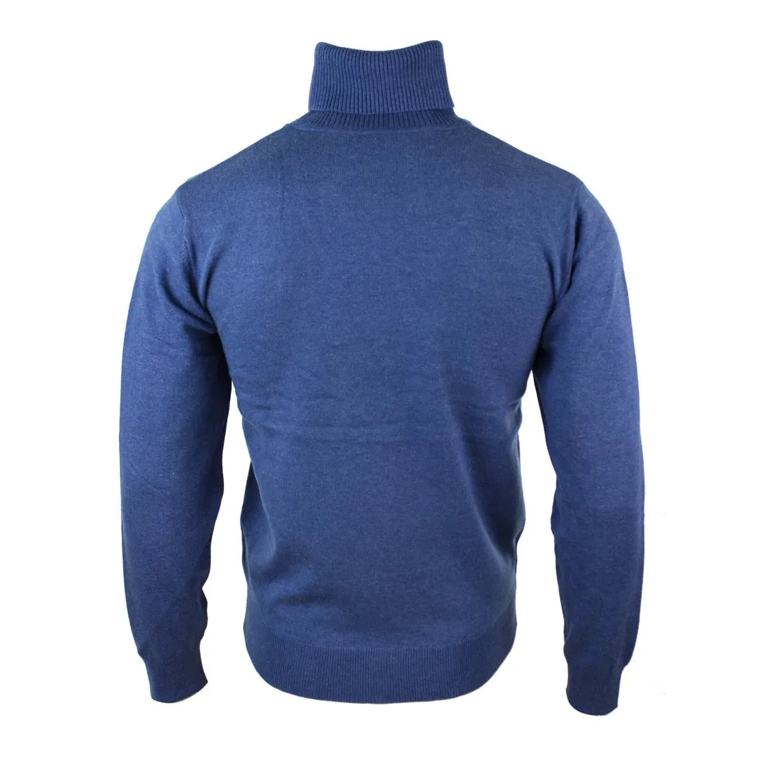 Men's Polar Roll Neck Jumper Light Weight Fitted Cashmere Wool Blend Grey Black Navy