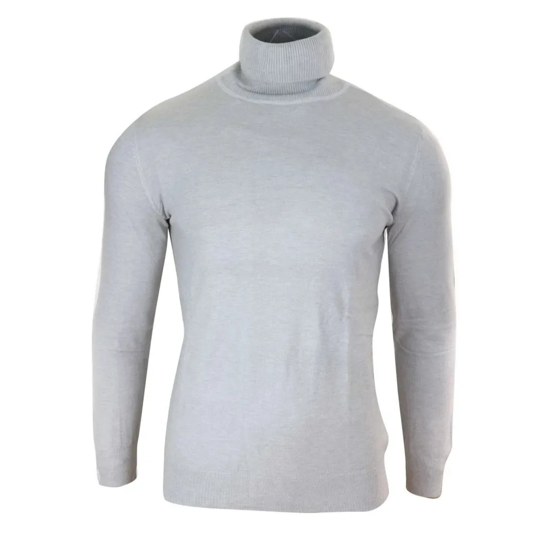 Men's Polar Roll Neck Jumper Light Weight Fitted Cashmere Wool Blend Grey Black Navy