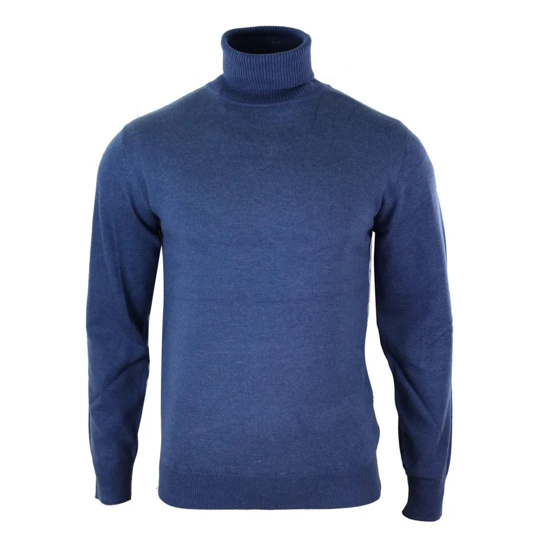 Men's Polar Roll Neck Jumper Light Weight Fitted Cashmere Wool Blend Grey Black Navy