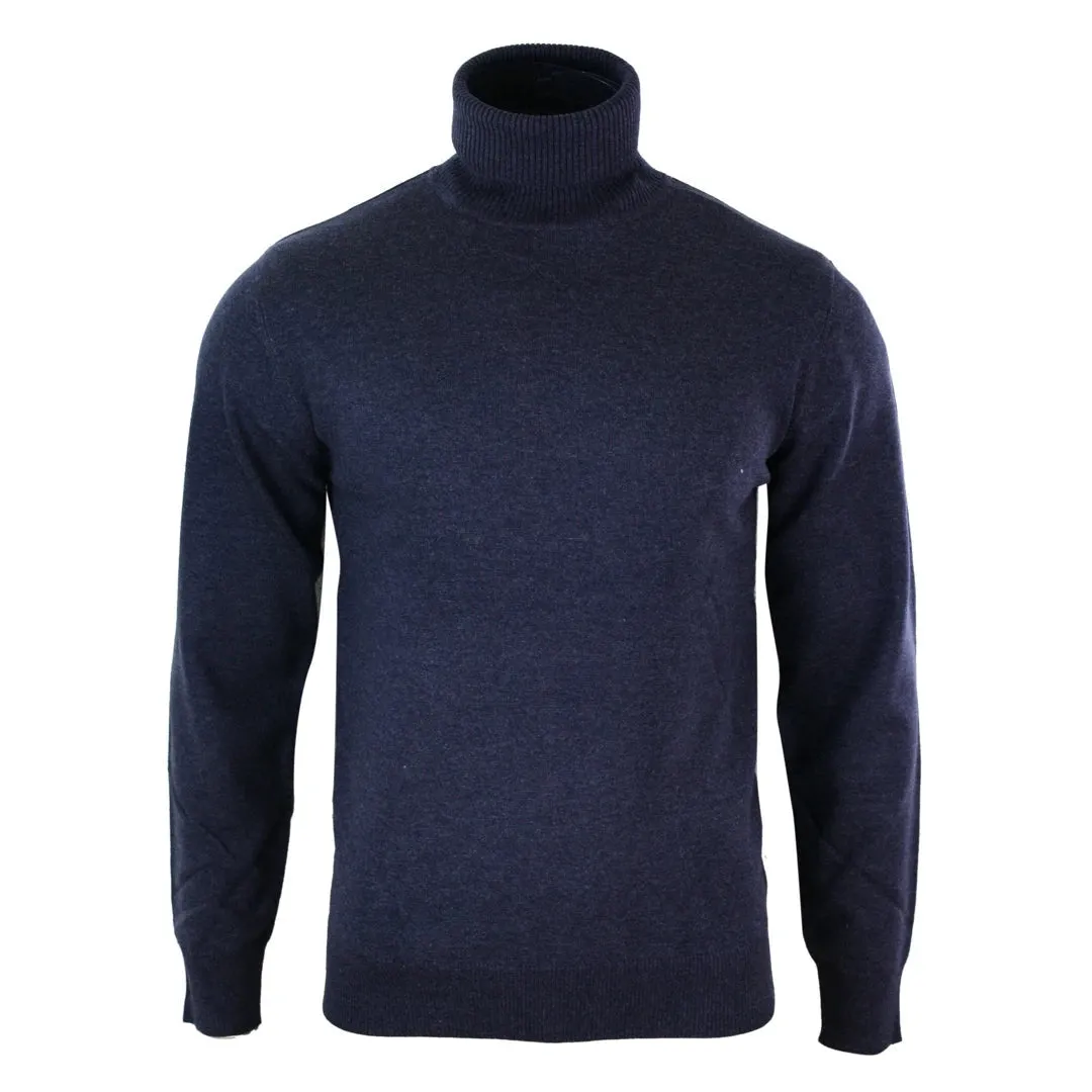 Men's Polar Roll Neck Jumper Light Weight Fitted Cashmere Wool Blend Grey Black Navy