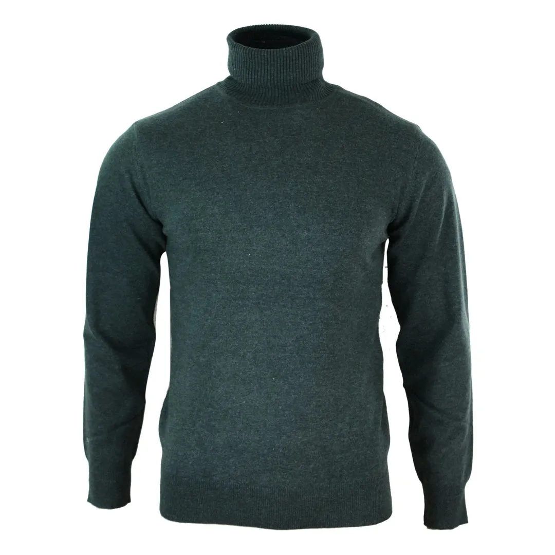 Men's Polar Roll Neck Jumper Light Weight Fitted Cashmere Wool Blend Grey Black Navy