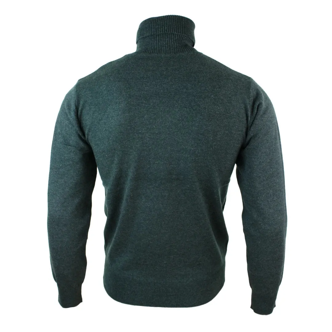 Men's Polar Roll Neck Jumper Light Weight Fitted Cashmere Wool Blend Grey Black Navy