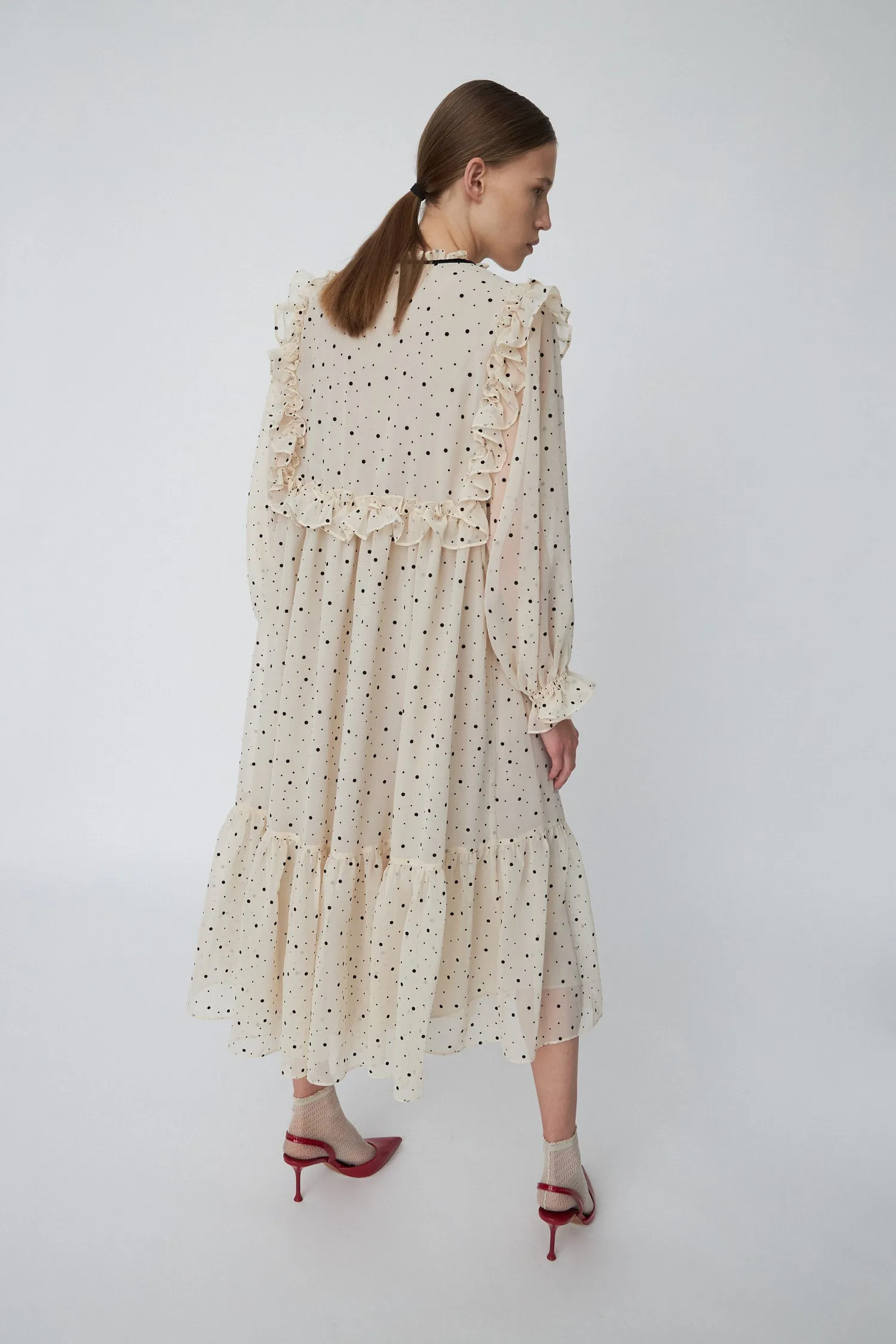 Midi Flock Printed Flounce Dress - Creme/Black